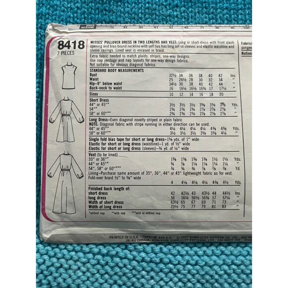 Simplicity 8418 Sewing pattern blouson dress vest 1970s size 10 - Picture 3 of 4